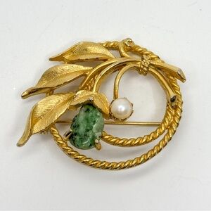 Vintage 1960s Sarah Coventry Jade Garden Pin Gold-Tone Brooch
